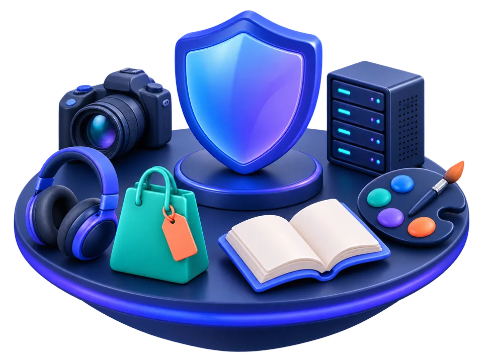 Illustration of a camera, headphones, a shopping bag, a book, a paint palette and a server arranged around a protective shield