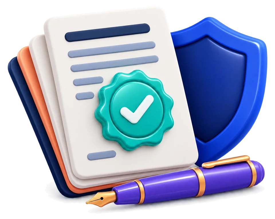 Illustration of legal documents with a verified seal, a shield and a fountain pen