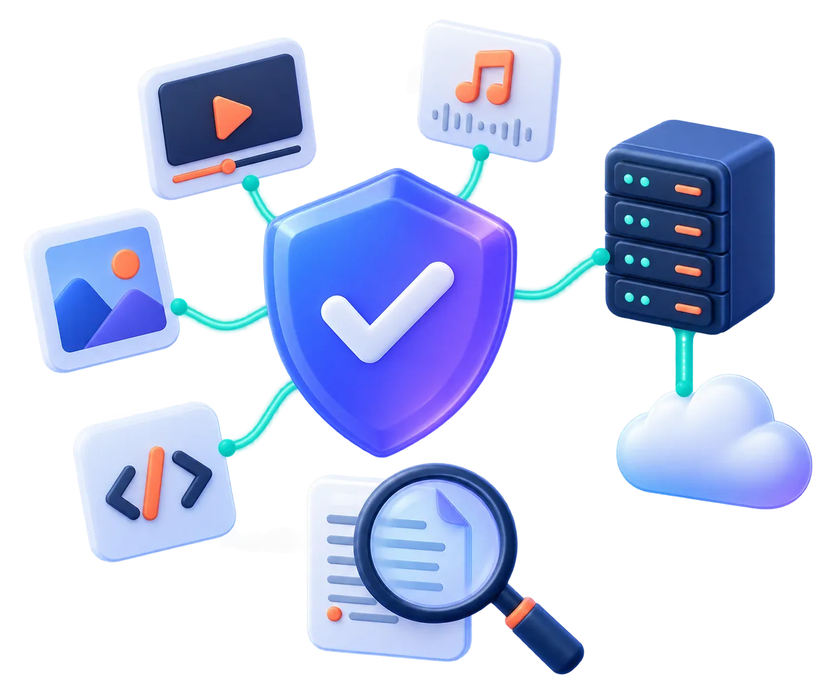 Illustration of a shield inspecting reported videos, music, photos and code, connected to a hosting server