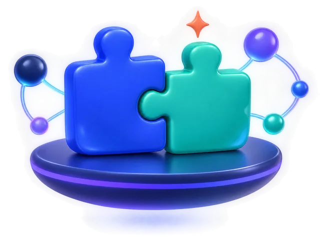 Illustration of two interlocking puzzle pieces on a platform, representing partnership